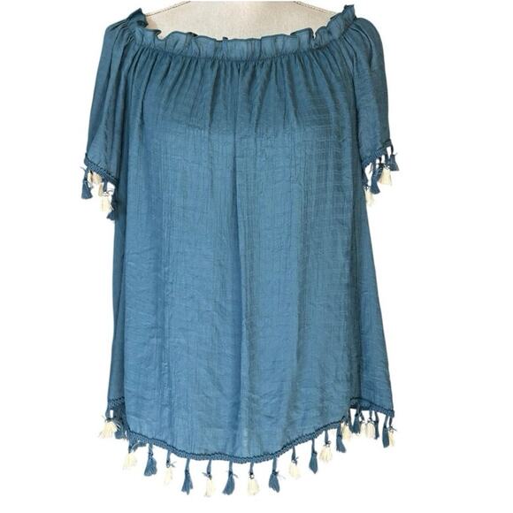 Shein Curve Blue White Tassle Top 0XL - Picture 1 of 3